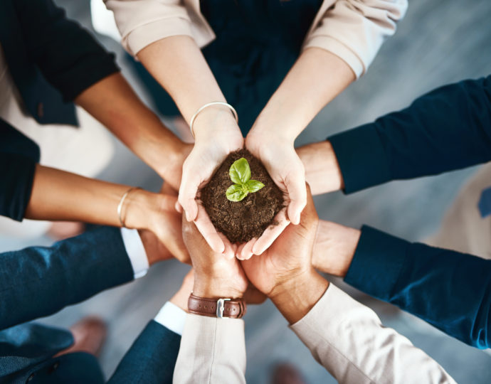 High angle shot of a group of business colleagues holding a budding plant growing out of soil in their hands