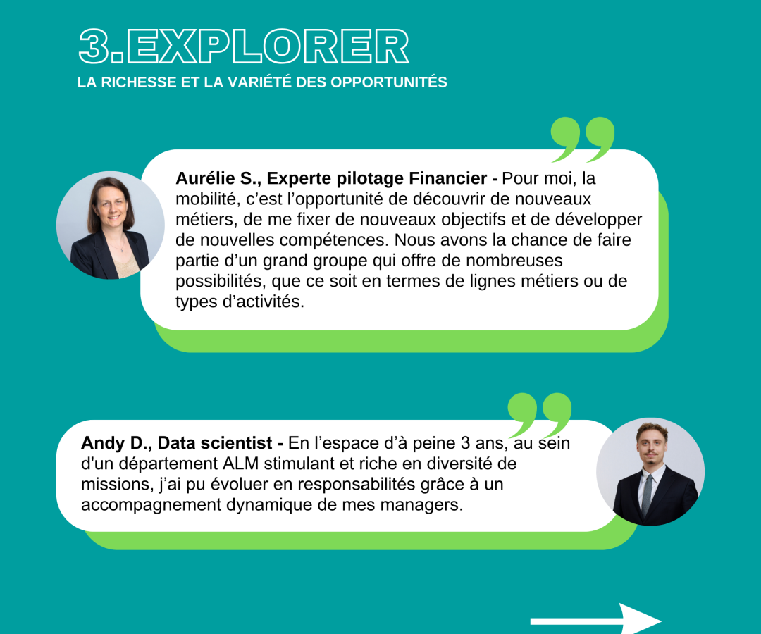 3/ Explorer la richesse et la variété des opportunités Aurélie S., Experte pilotage Financier - Pour moi, la mobilité, c’est l’opportunité de découvrir de nouveaux métiers, de me fixer de nouveaux objectifs et de développer de nouvelles compétences. Nous avons la chance de faire partie d’un grand groupe qui offre de nombreuses possibilités, que ce soit en termes de lignes métiers ou de types d’activités. Andy D., Data scientist - En l’espace d’à peine 3 ans, au sein d'un département ALM stimulant et riche en diversité de missions, j’ai pu évoluer en responsabilités grâce à un accompagnement dynamique de mes managers.